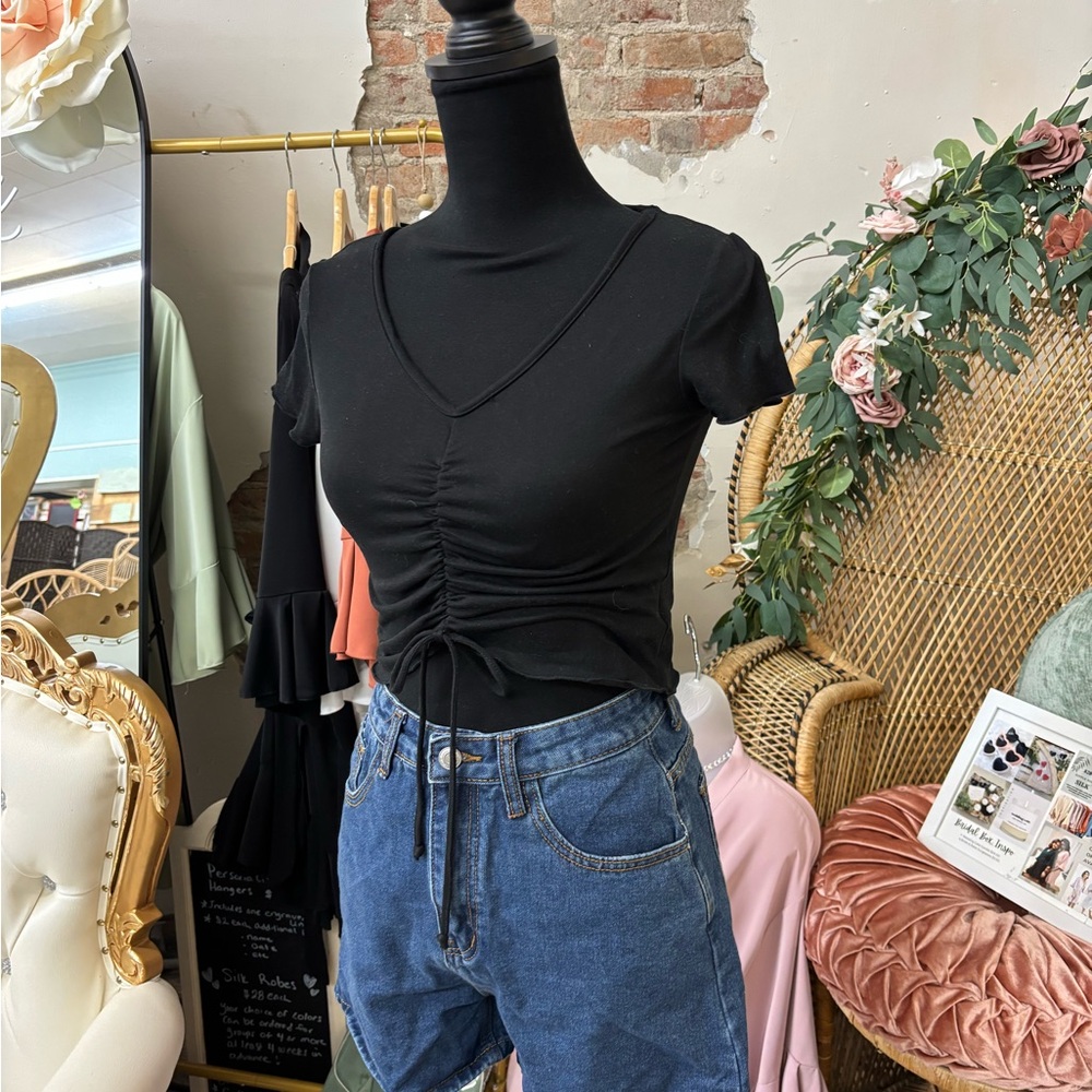 Black Ruched V-Neck Top
